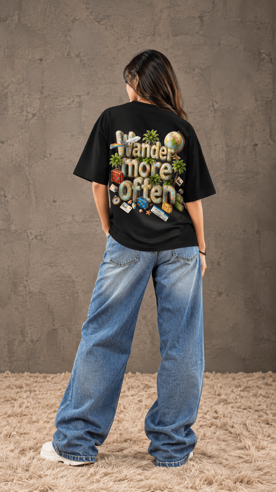 Wander More Often Black Oversized T-Shirt for Women | The Stanch