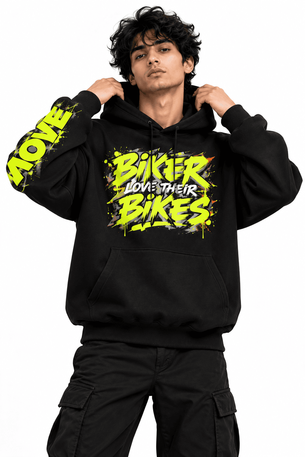Men’s black biker hoodie with “Biker Love Their Bikes” front print and “Move” back print by The Stanch, designed for motorcycle lovers and bike enthusiasts.