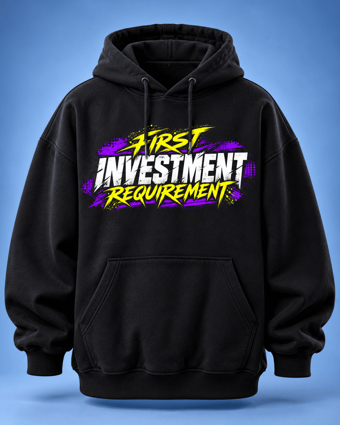 Men’s black biker hoodie with “First Investment Requirement” front print and “Boots Are Biker First Love” back print by The Stanch.